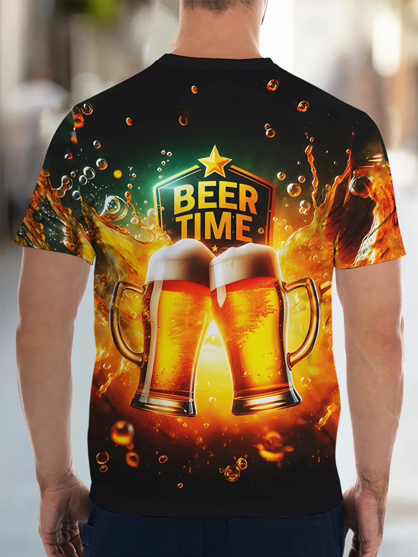 Vintage Beer Time Cheers Tee, Golden Beer Splash Full Print Men Short Sleeve Crew Neck Summer Casual