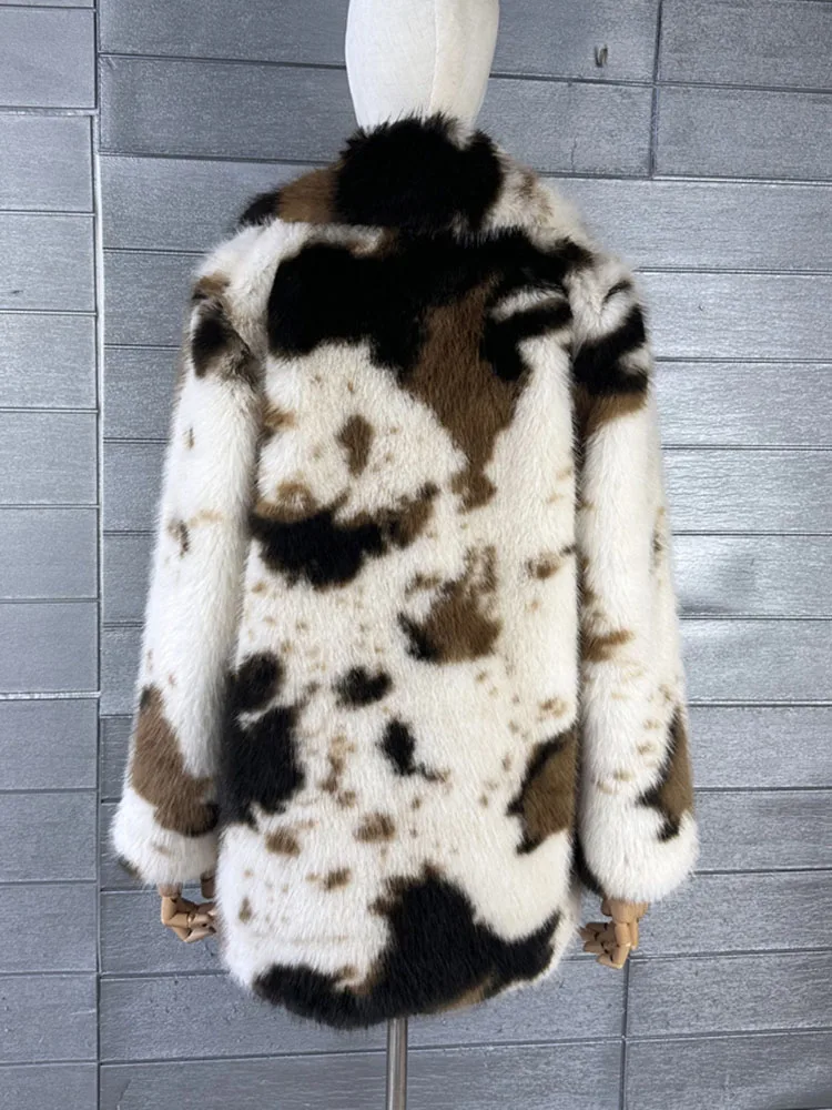 ZADORIN 2026 Chic Mid Long Cow Pattern Fluffy Faux Fur Coat Woman Lapel Loose Winter Fur Coats Woman Furry Jacket Fur Faux Coat