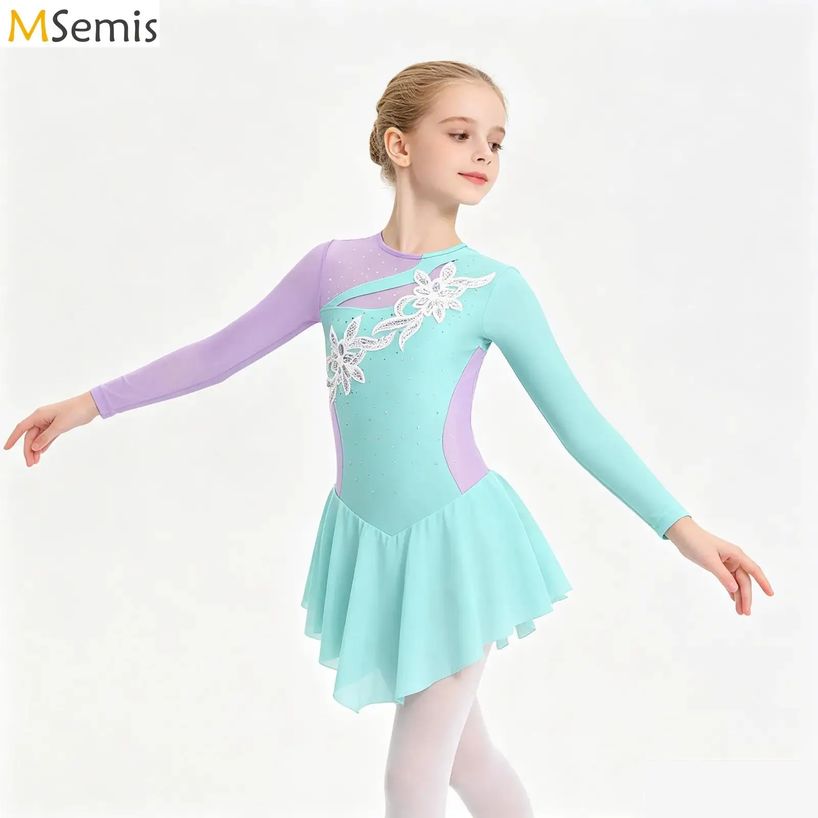 

Kids Girls Gymnastics Figure Skating Ballet Lyrical Dance Costume Long Sleeve Round Neckline Shiny Rhinestone Flower Dance Dress