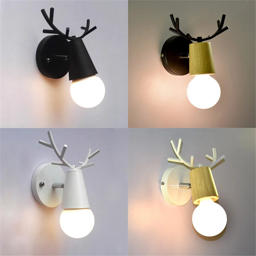 

Modern Creative Bedside Iron Wooden Wall Lamp Simple Staircase corridor hallway lamps Deer Head Bedroom Living Room Wall Lights