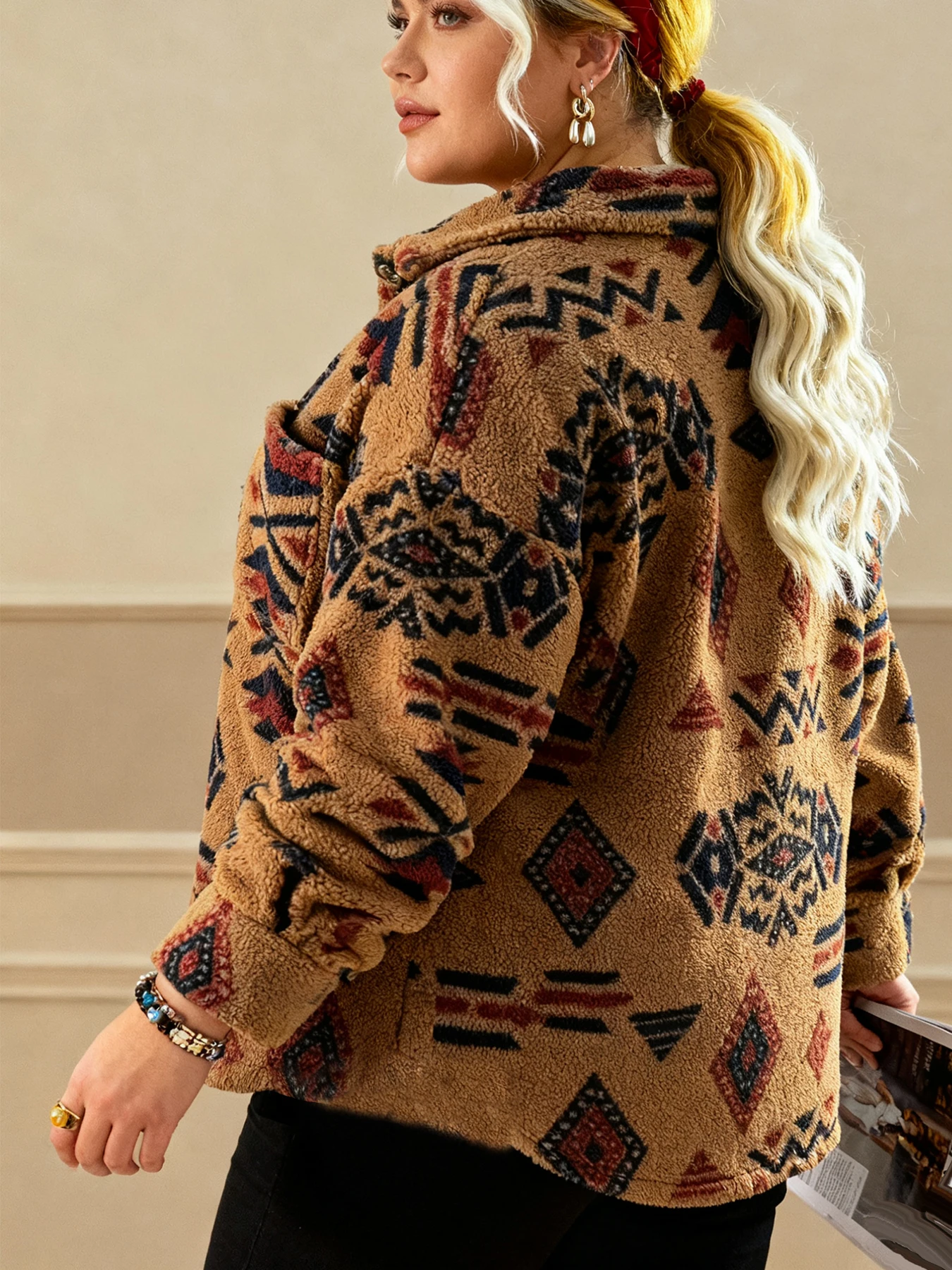 Plus Size Navajo Aztec Tribal Print Sherpa Shacket Lapel Collar Button Down Long Sleeve Chest Pocket Oversized Loose Curvy Fall view 2