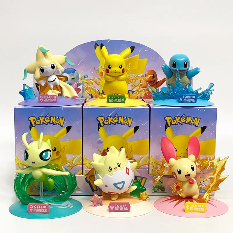 Juego de 6 uds de juguetes de caja ciega de Pokémon, figura de acción de monstruo de bolsillo de 8cm, Pikachu Charmander Squirtle Bulbasaur Piplup Celebi, modelo de decoración