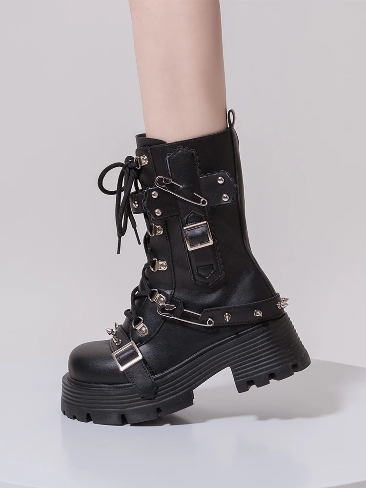 Lolita High Heel Thick Sole Heightening Short Boots Spring Autumn Jk Fashion Women's Boot Black Rivet Waterproof Shoes