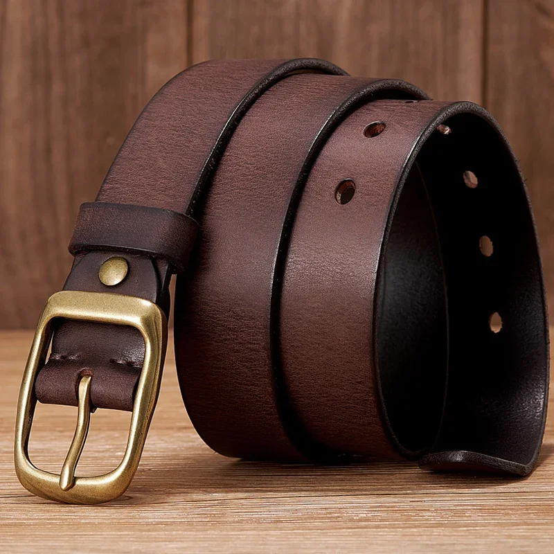 

Men's Natural Cowhide Leather Belt, Business Casual Belt, with Copper Buckle, 3.3cm, 2024, New