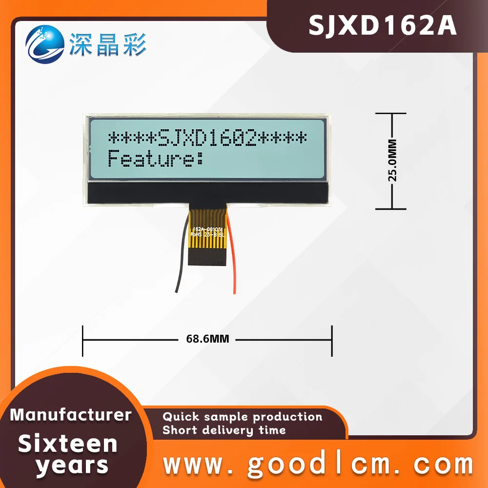 Cog Character Matrix LCD Display Module com retroiluminação, tela monocromática, suporte IIC Interface, 16x2, SJXD162A-1031