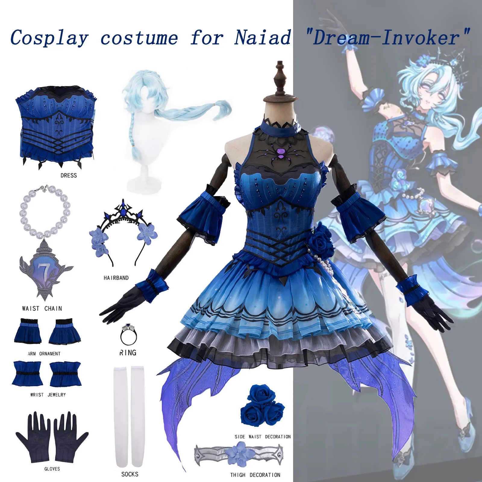 Identity V Naiad Dream-Invoker Cosplay Ensemble Complet Sous la Vérité Costume d'Halloween Robe Perruque Accessoires