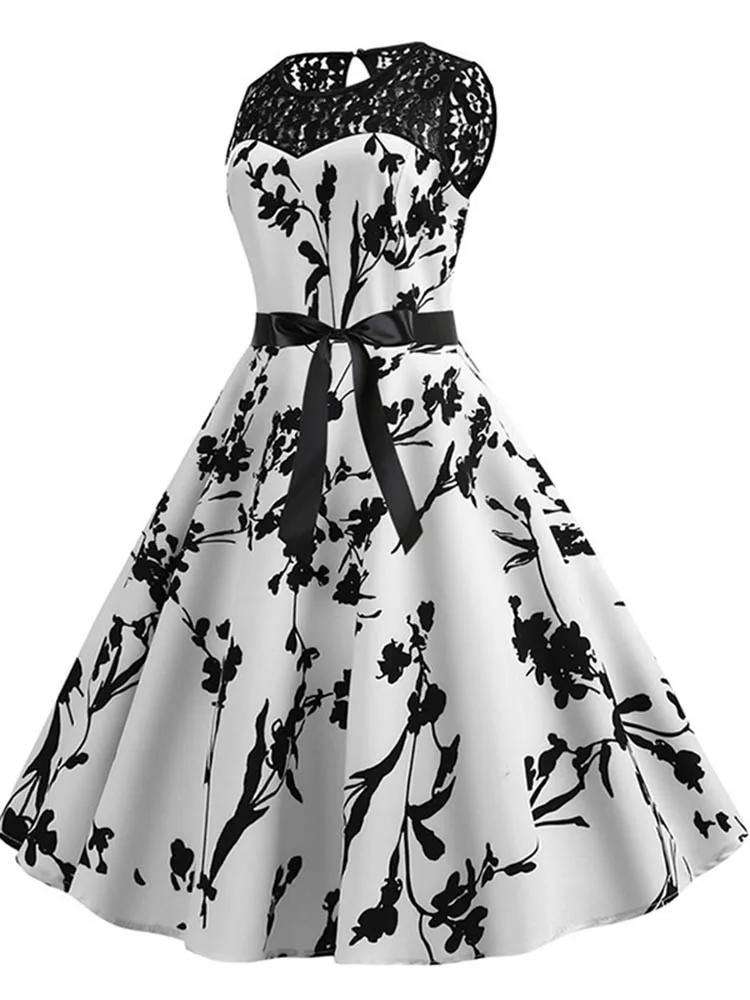 Floral Print Vintage Women Summer A Line Lace Party Dresses Robe Tunic  Casual Office Ladies Dress - AliExpress 200000345