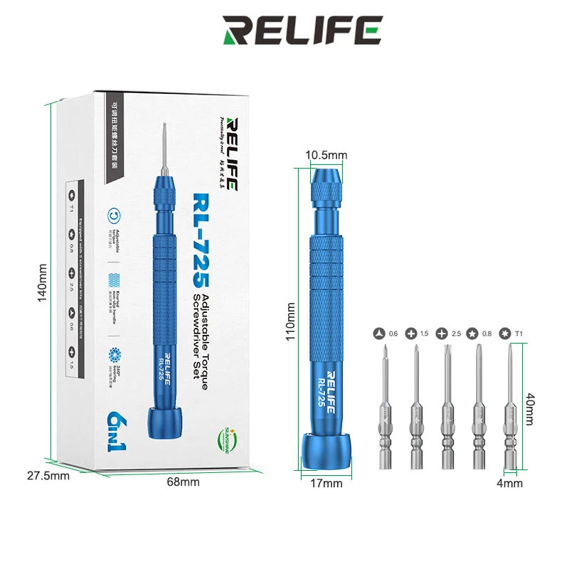 

RELIFE RL-725 Adjustable Torque Screwdriver Set Disassembly Repair for IPhone/Android Alloy Steel Magnetic Bit Repair Tool