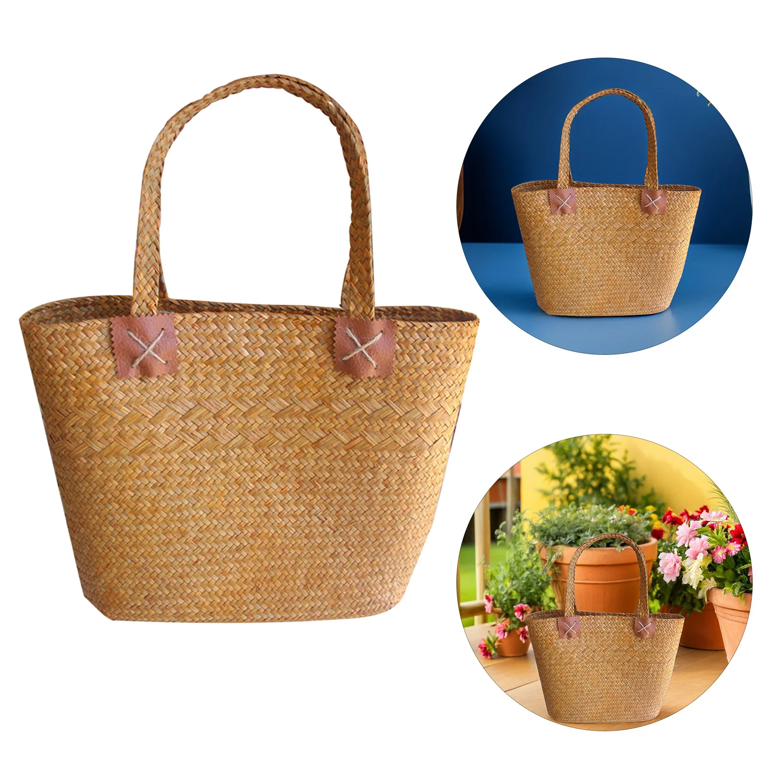 

Sea Grass Woven Flower Basket Straw Handbag for Women Natural Style Party Shopping Outdoor Picnic Tote Flower Basket Crafts