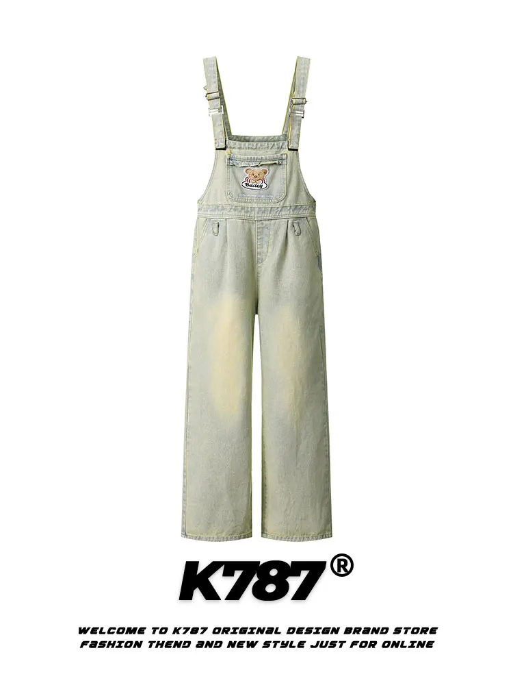

K787 American Retro Denim Overalls Women's Casual Straight Leg High Waist Long Pants hine Embroidery Summer Jeans
