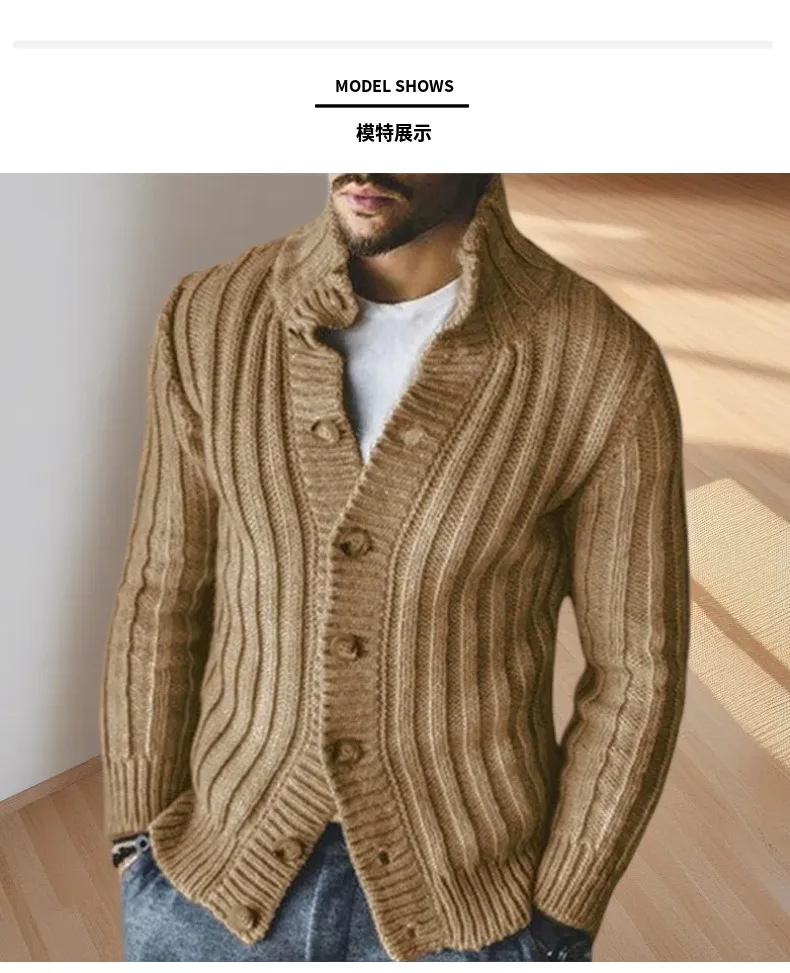 

New Men's Casual Single-Breasted Knitted Sweater Lapel Long-Sleeved Sweater Jacket Men