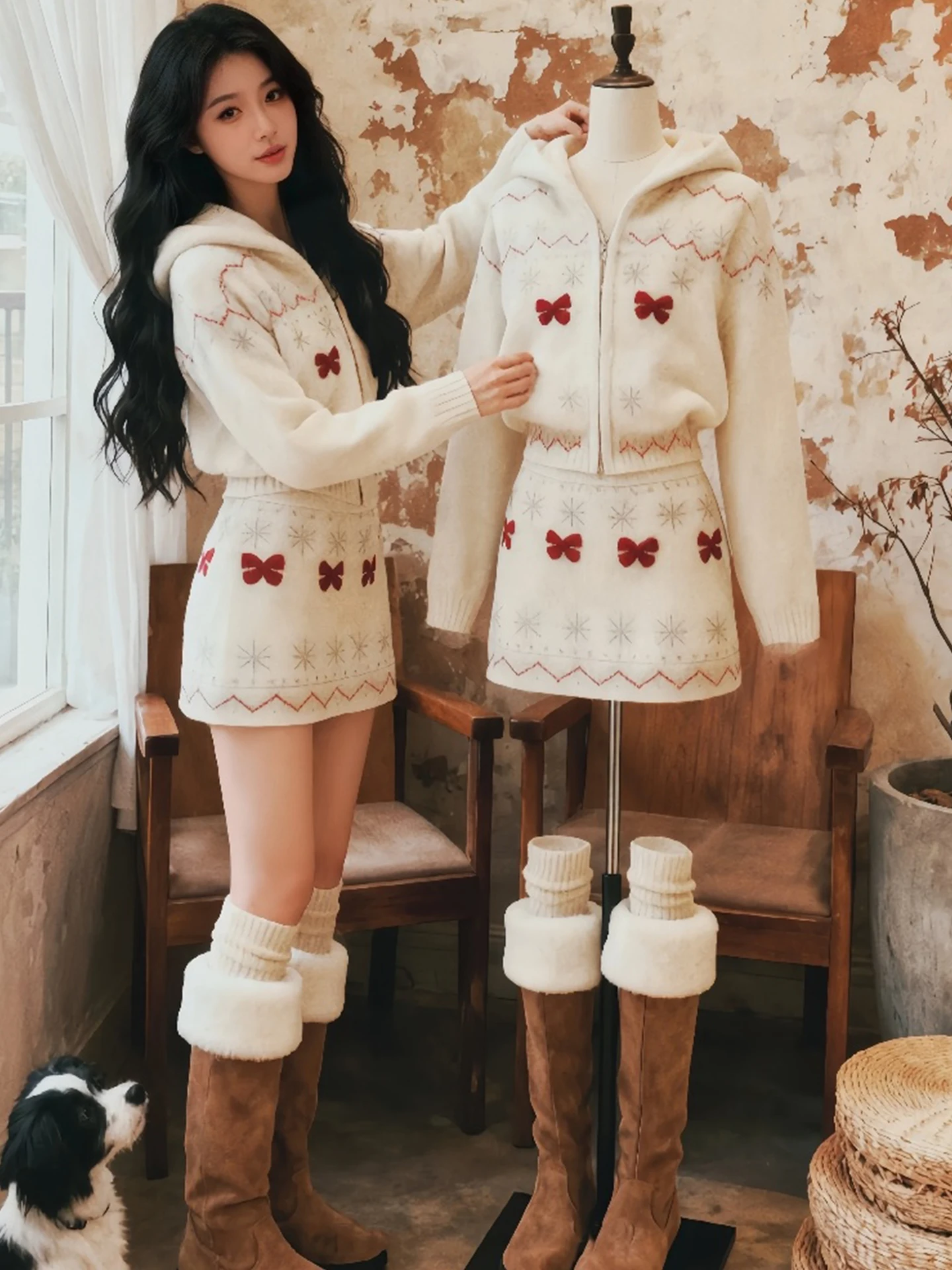 

Winter Fashion Contrast Color Design Zipper Knitted Top Slimming Half Skirt Versatile Two-Piece Set High Waist A-Line Skirt