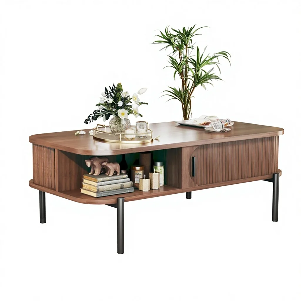 xx-Modern Durable Wood Fluted Design Walnut Coffee Table with Sliding Door and Open Shelf for Living Room Storage^