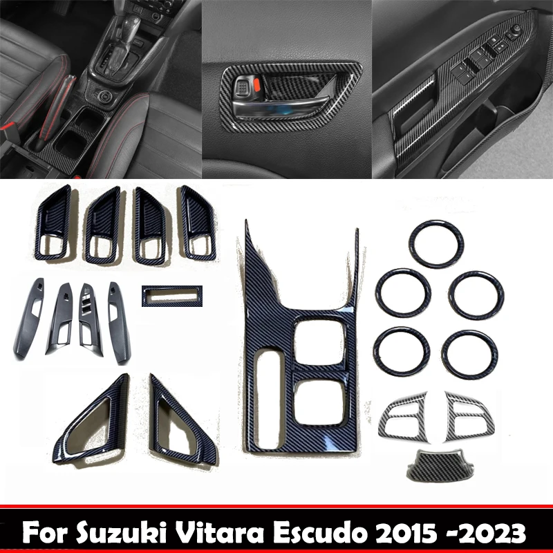 Para Suzuki Vitara Escudo 2015 -2023 manija de puerta de fibra de carbono tazón interruptor de elevación de ventana panel frontal portavasos de agua cubierta de ventilación de CA