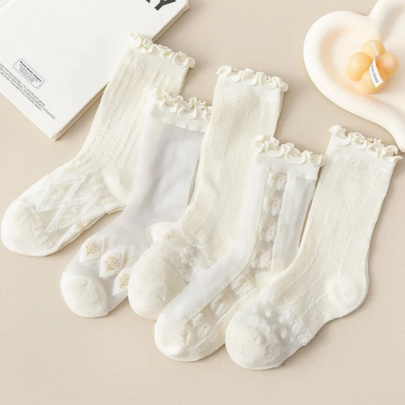 5 pairs of girls\' thin white long socks Summer children\'s tall tube wooden ear lace Princess calf girl mesh breathable