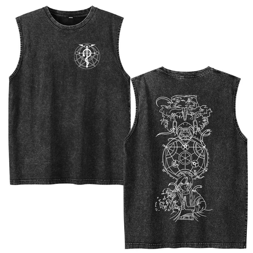 Vintage Washed Anime Fullmetal Alchemist Tank Tops Edward Elric Alphonse Elric T-Shirt Men Women Casual Sleeveless Vest T-shirts