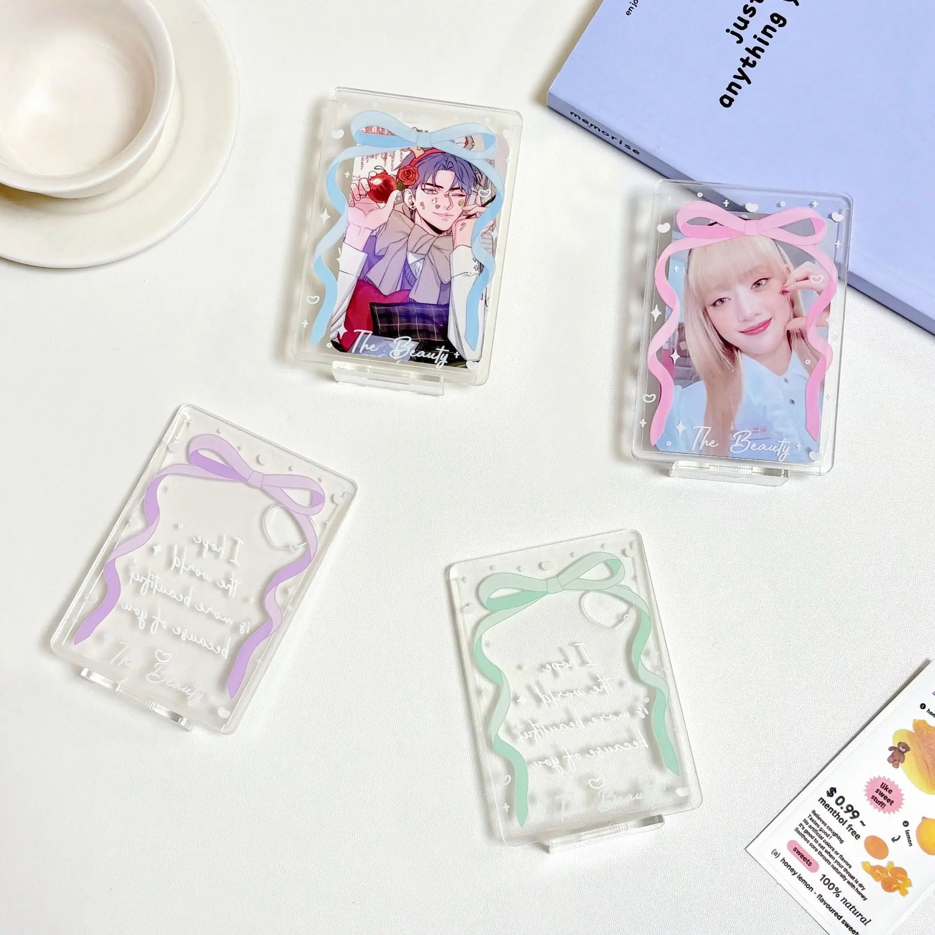 Jelly Color Bowknot 2.7x3.9 Inch Acrylic Photocard Holder 3 Inch Mini Photo Frame Display Stand Desktop Decor