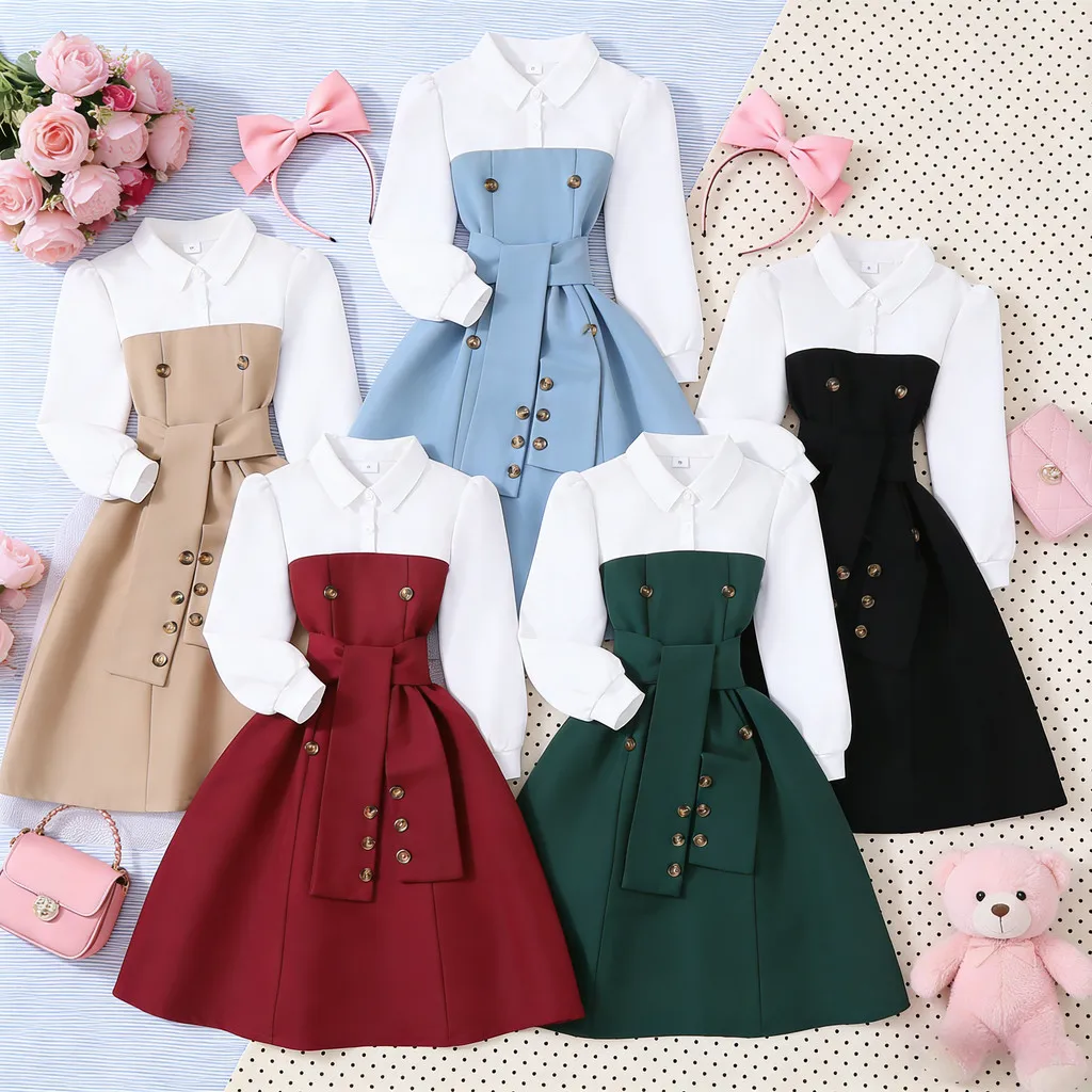 

New Kids Girl Dress Long Sleeve Elegant Casual School Children Dresses Cute Fashion Vacation British Teen Dress 8 9 10 11 12 Yrs