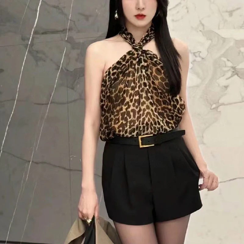 Women's Mulberry Silk Leopard Print Camisole Top, Fashion Sex Hanging Neck Feeling Backless Tank Top, High Quality, Fall, New,