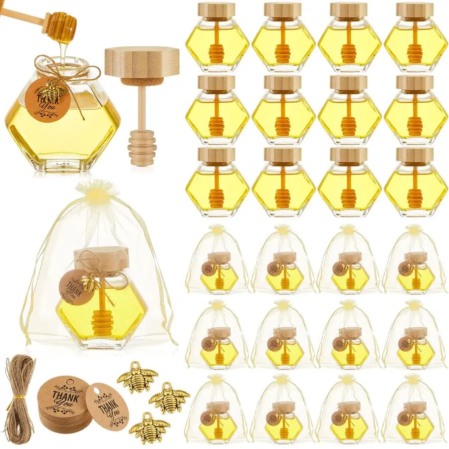 

12 Pcs Hexagonal Glass Honey Jars with Spoon, 3.38 oz Honey Dispenser with Wooden Spoon Bee Charm Thank You Card Organza Bag Min