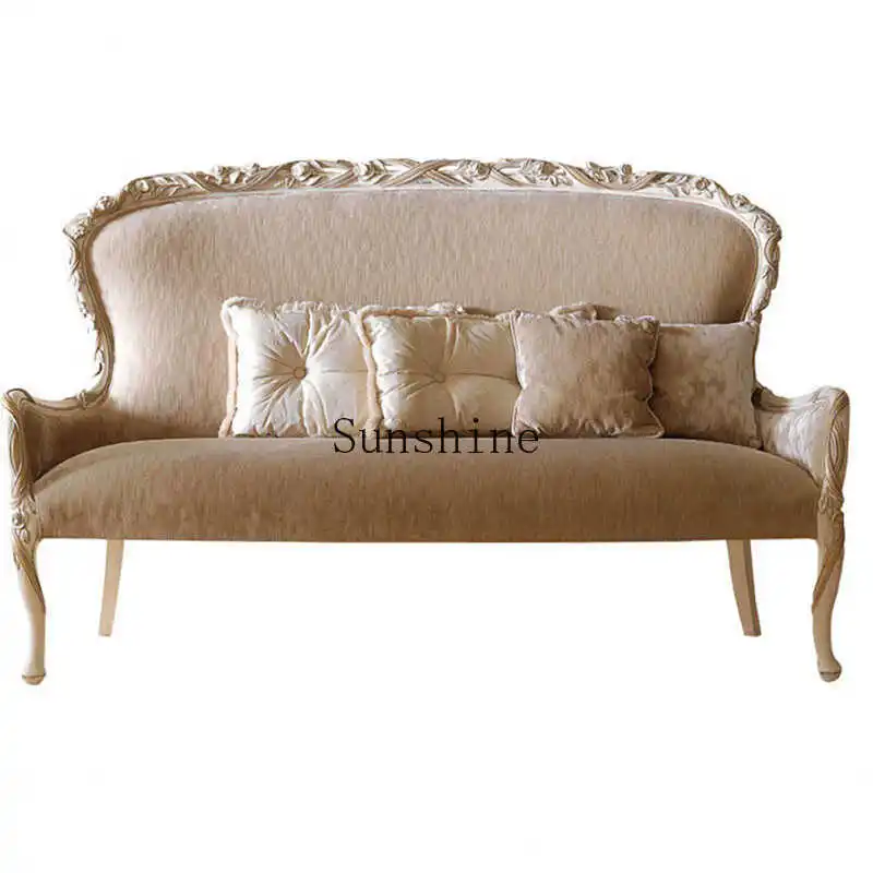 

European simple solid wood carving flower double sofa French fabric casual negotiation chair