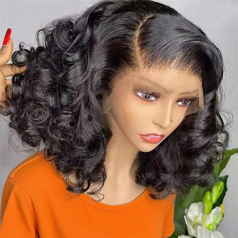 Perruque frontale HD en dentelle 13x4, densité 250%, cheveux humains ondulés, coupe courte bob, sans colle, pour femmes