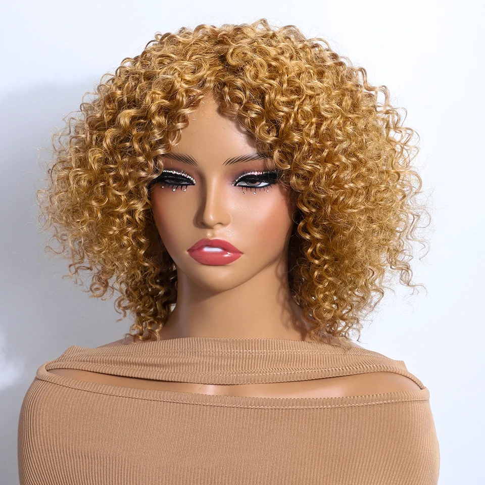 

Peruvian Short Dream Curly Bob Human Hair Wigs With Bangs Full Machine Made Wigs Highlight Honey Blonde Wigs For Women Remy Hair