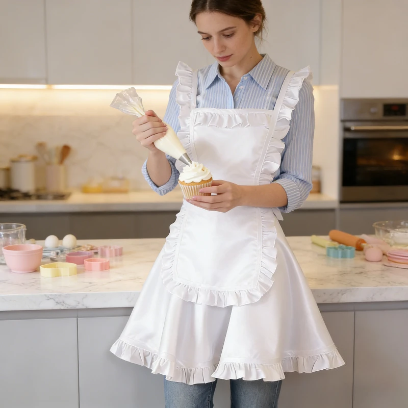 

Кухонный фартук с перекрестными лямками на спине для домашней кухни и салона красоты, белый, водонепроницаемый, маслостойкий, с кружевом