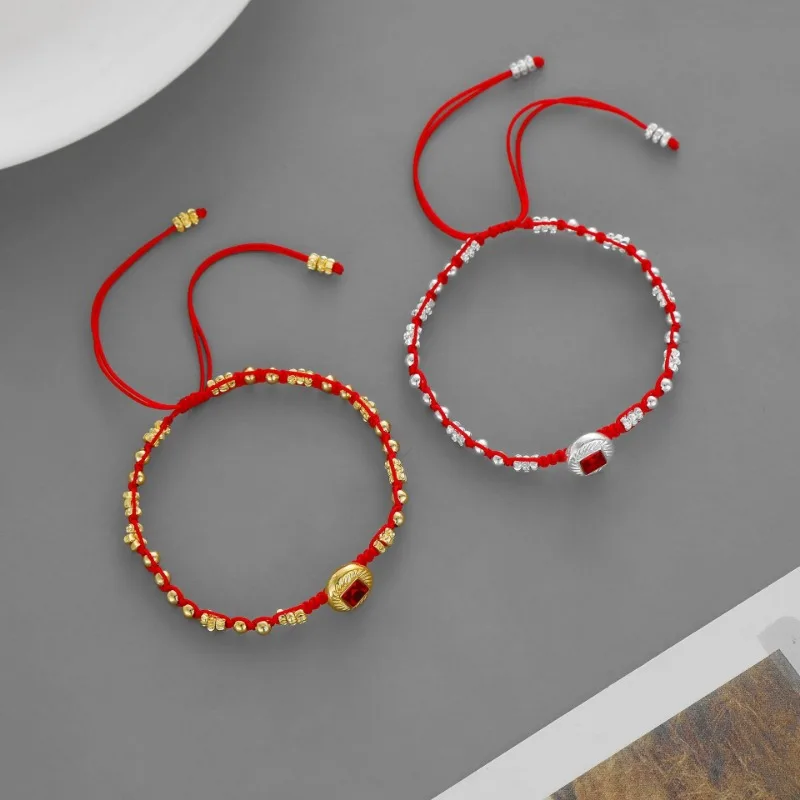 

New Year's Natal Year Copper Coin Bracelet New Year's Style Simple Temperament Adjustable Braided Rope Nacai Red Rope Bracelet