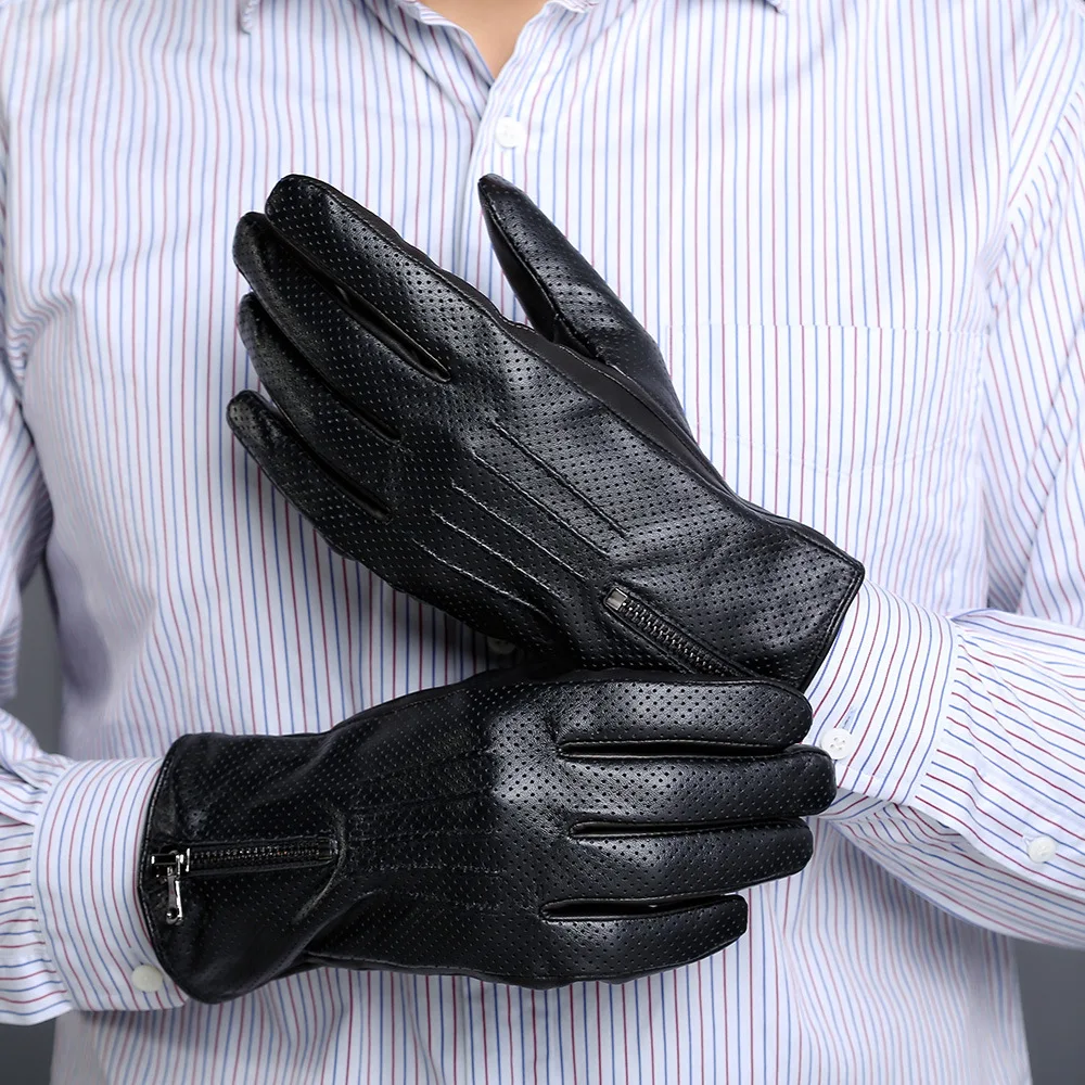 Real Leather Men Gloves Fashion Black Wrist Zipper Breathable Holes Thermal Plushed Lining Driving Gloves Male LDM9107