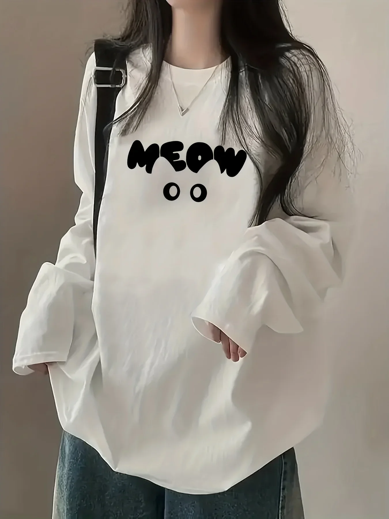 90er Jahre Damen Y2K Anime Langarm-T-Shirt aus Baumwolle, Locker Sitzend, MEOW Katzen-Beschriftung, Rundhals, Lässiges Oberteil für Herbst und Winter