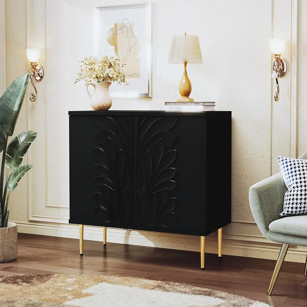 

Sideboard Buffet Cabinet With 3D Flower Pattern, Accent Cabinet With 2 Doors & Adjustable Shelves, Wood Decorative Credenza