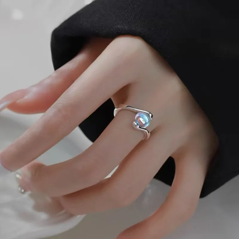 925 Silver-Plated Moonstone Ring, 2024 New Model, Light Luxury niche Adjustable Index Finger Ring for Women, High-End