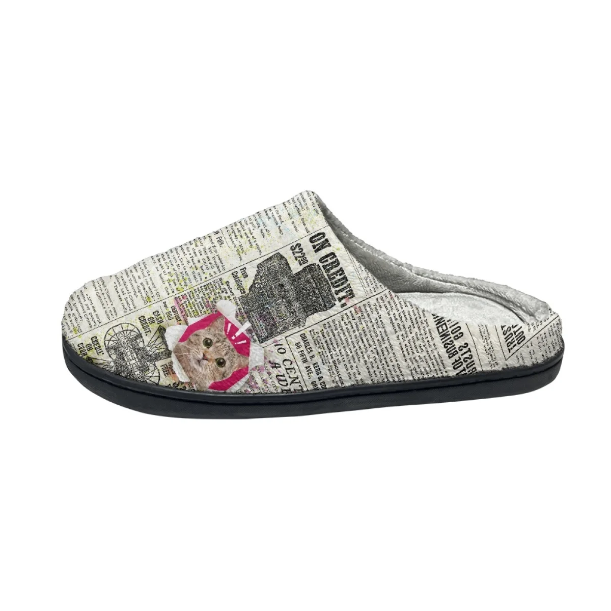 Literary Newspaper Style Cute Cat Pattern Cotton Slipper Unisex Trend Comfortable Soft Plush Shoes Dirt Resistant Non-slip Flats