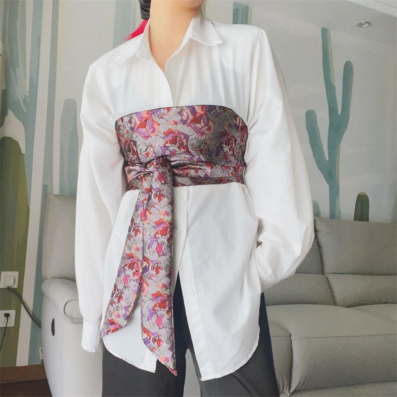 Traditional Japanese Kimono Yukata Obi Belt Crane Floral Printed Haori Belt Brocade Jacquard Waistband Shirt  Decor Accessories