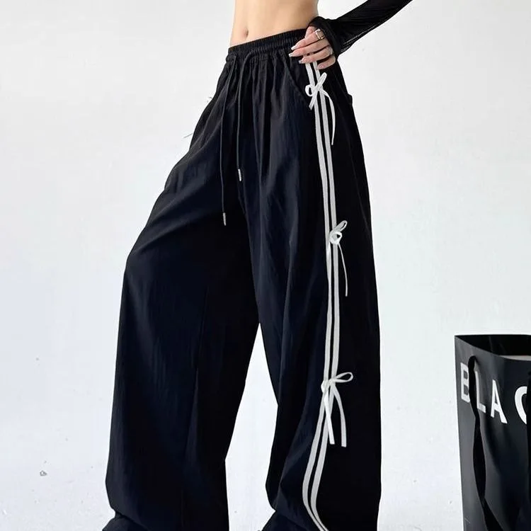 XIZOU American Style Retro Side Stripe Knot Dstring Wide Leg Pants Women High Waist Casual Sports Trousers Workwear Straight