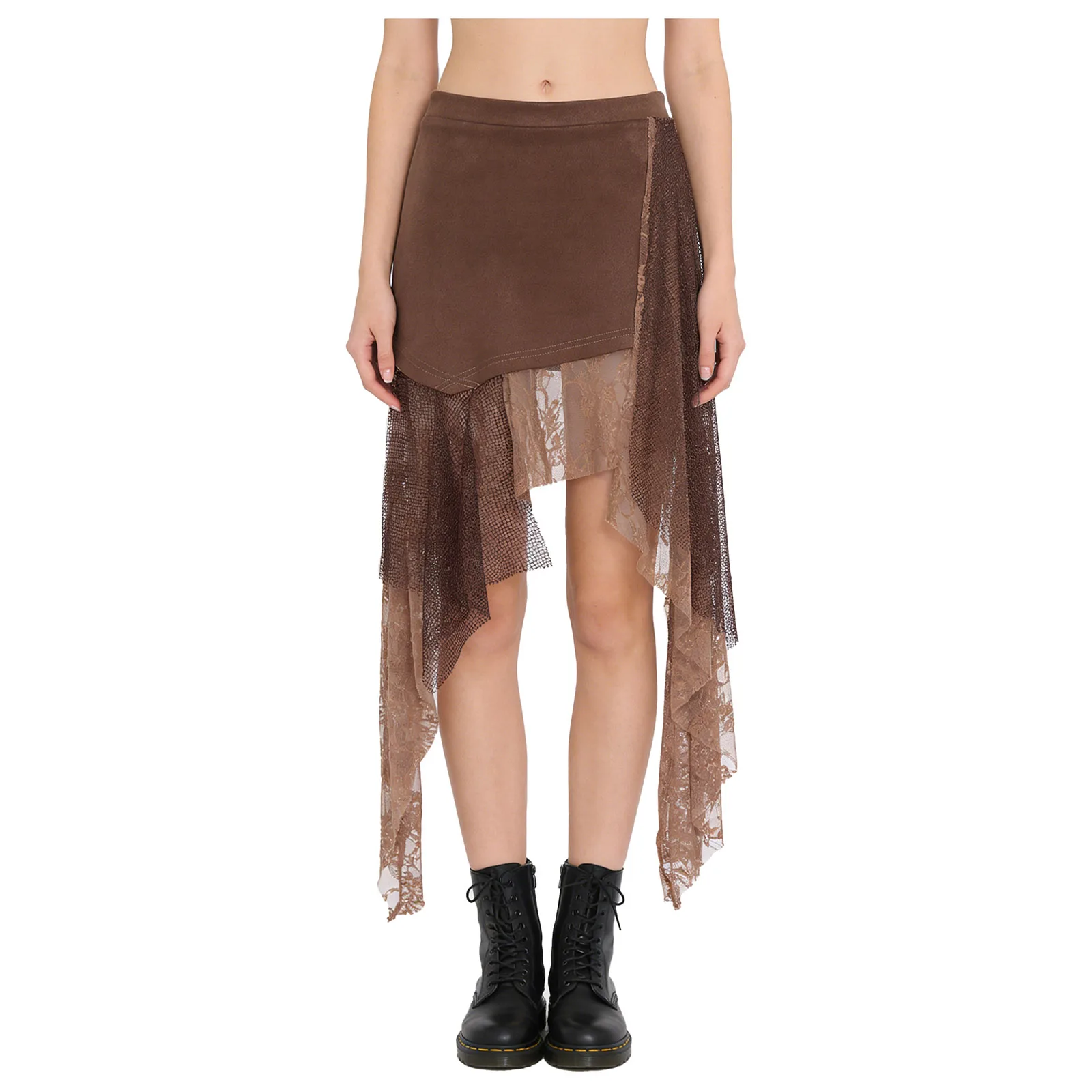 

Women Vintage Brown Color Skirt Sheer Mesh And Floral Lace Patchwork Lace Trim Skirt Y2K Style Skirt for Streetwear Party Club