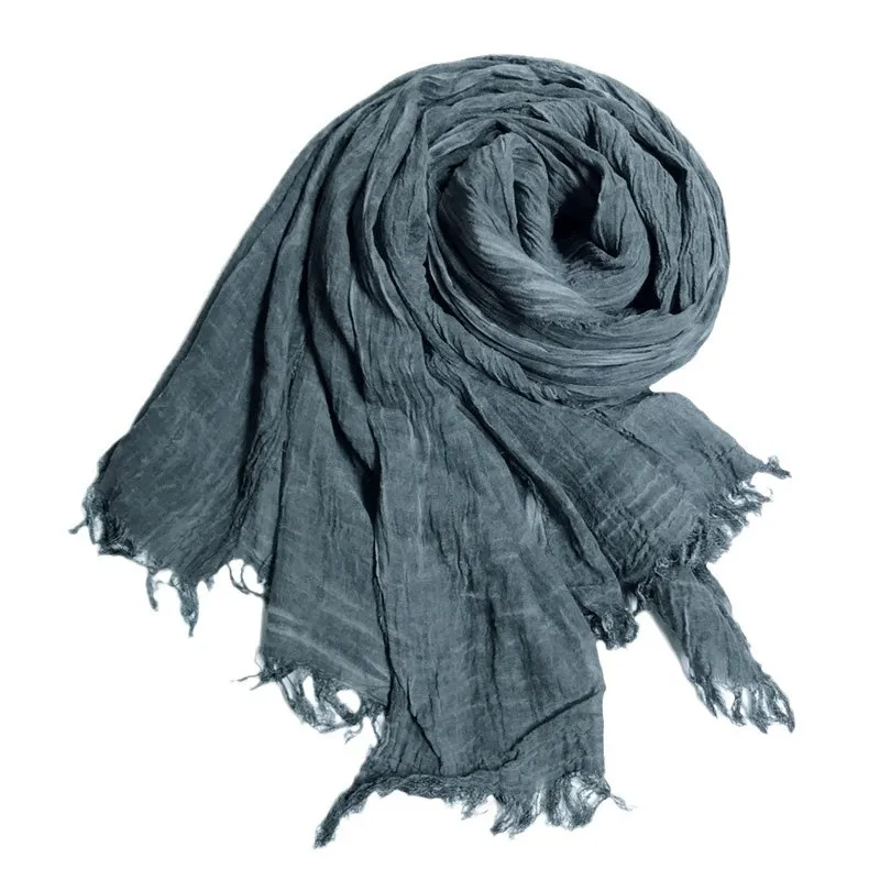 Vintage Crinkle Cotton Linen Scarf for Men Women Solid Color Autumn Winter Warm Pashmina Fringed Edge Soft Shawls and Wraps