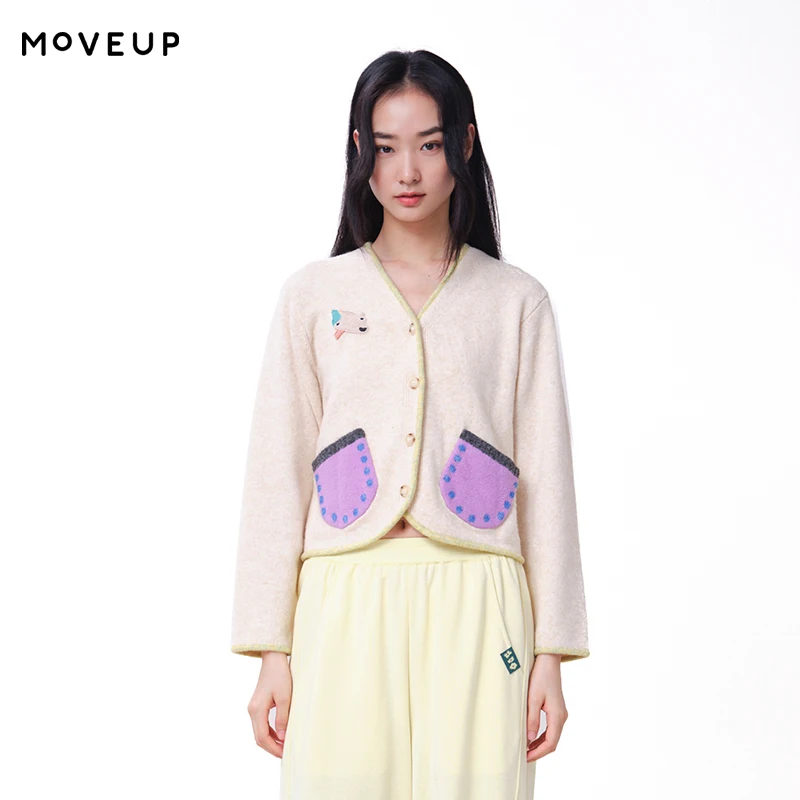 MOVEUP Women's V Neck Wool Knit Cardigan 2026 Autumn Puppy Patch Colorful Pockets Tops Single-breasted Short Cardigan 3ELQ31708