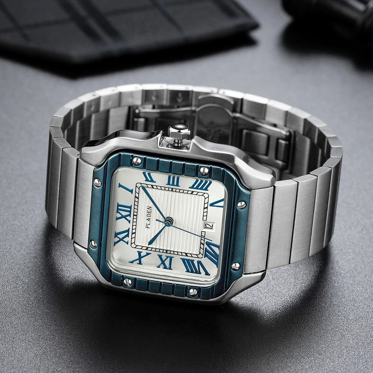 2024 PLADEN Dress Watch For Men Fashion Waterproof Quartz Clocks Mans Business Stainless Steel Square Wristwatch Free Shipping