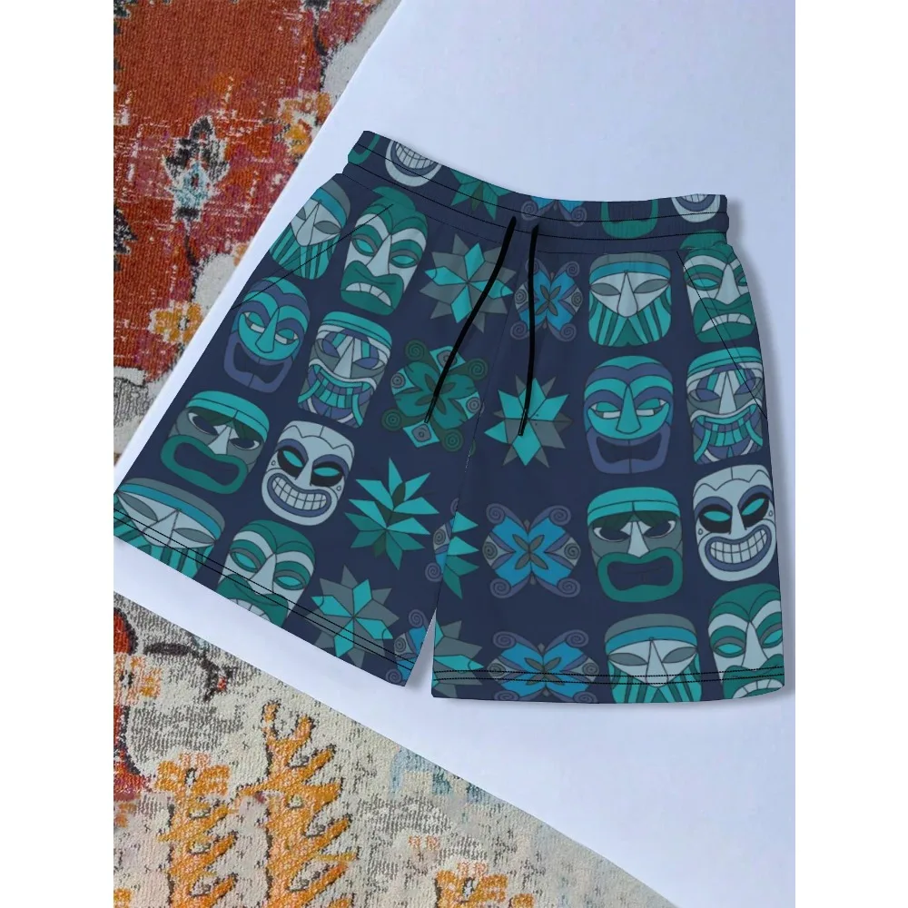 Men Summer Navy Background Abstract Tiki Totem All Over Print Quick Dry Streetwear Vacation Swim Trunks