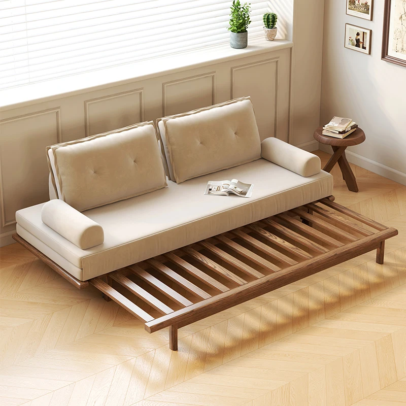 

Japanese-style solid wood sofa bed dual-purpose multi-functional small apartment living room simple cat scratching