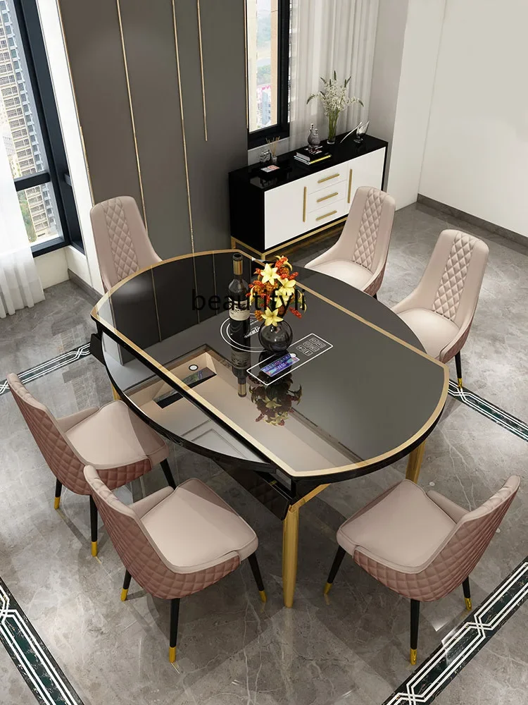 

Light Luxury Dining Table Modern Style with Induction Cooker, Extendable Tempered Glass Dining Table, Convertible Round T