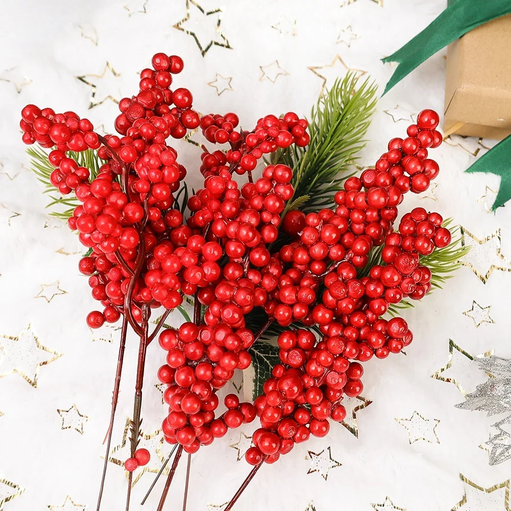 50-1PCS Artificial Red Berries Stems Simulation Christmas Holly Berry Branches DIY Wreath Xmas Tree Party Home Table Ornaments