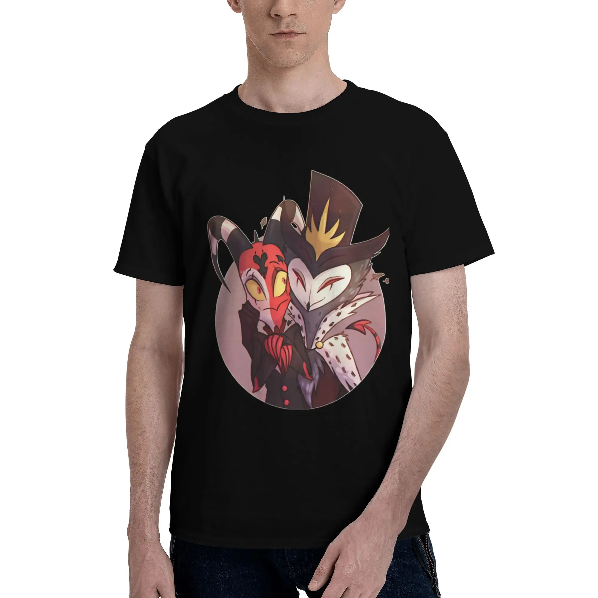 Blitzo amp Stolas Men T Shirts Hazbin Hotel Fashion Tee Shirt Short Sleeve Crewneck 100% Cotton Graphic Printed Clothes T-Shirt