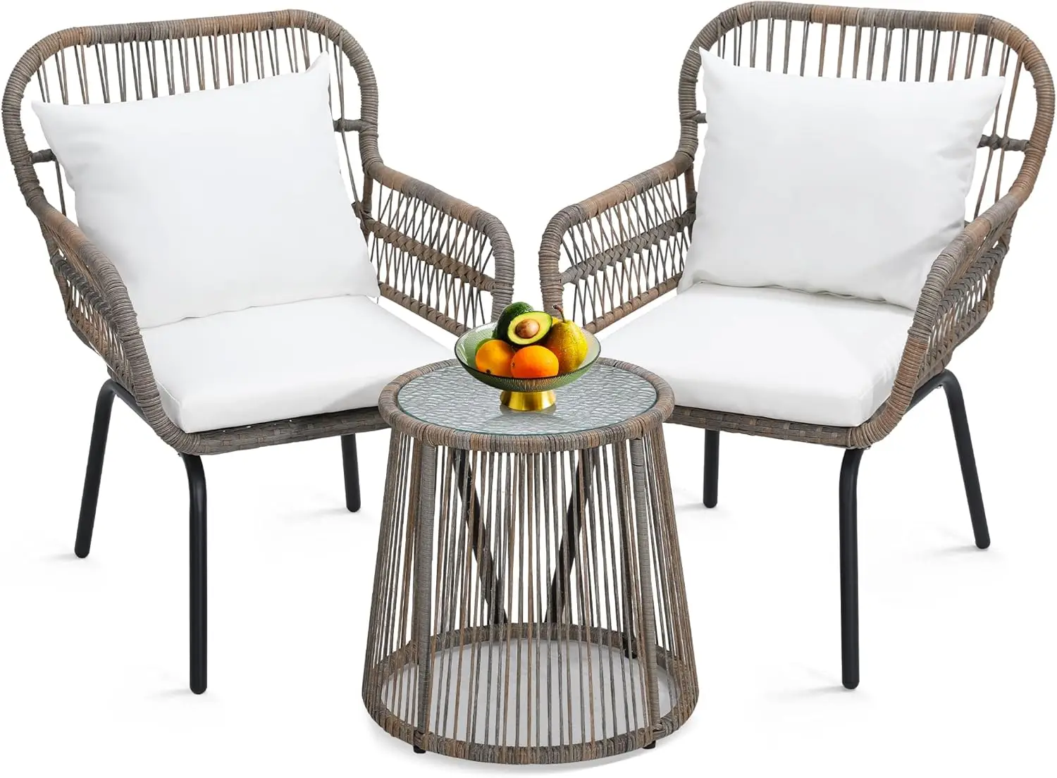 3 Pieces Rattan Wicker Bistro Set, Outdoor Conversation Set, Wicker Furniture Set with Glass Top Table, Space Saving for Balcony