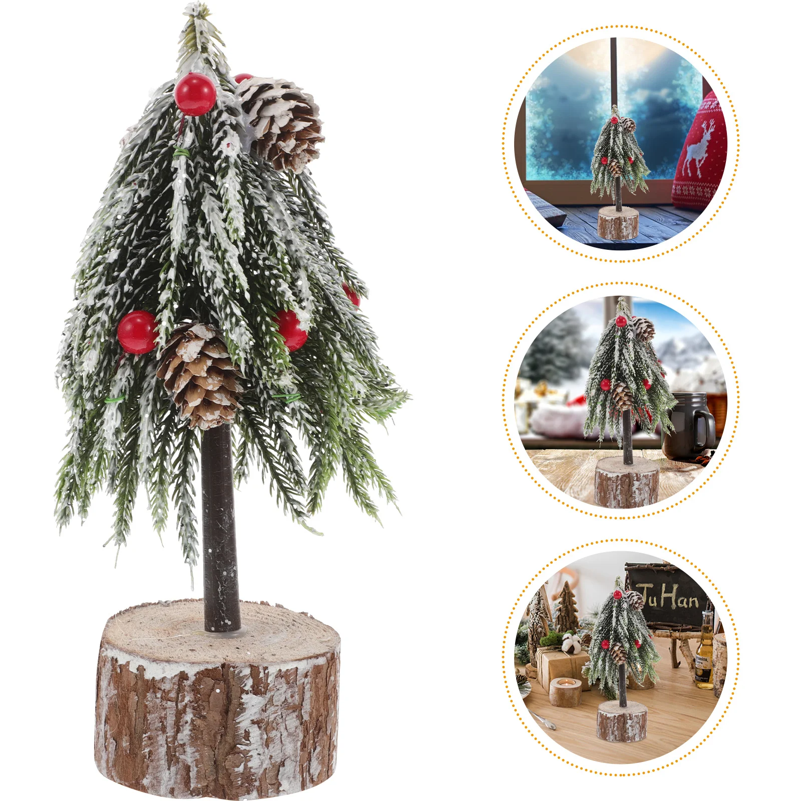 

Mini Desk Christmas Tree 8.5 Inch Small Artificial Xmas Decor Red Berry Wooden Stump Base Tabletop Centerpiece For Living Room