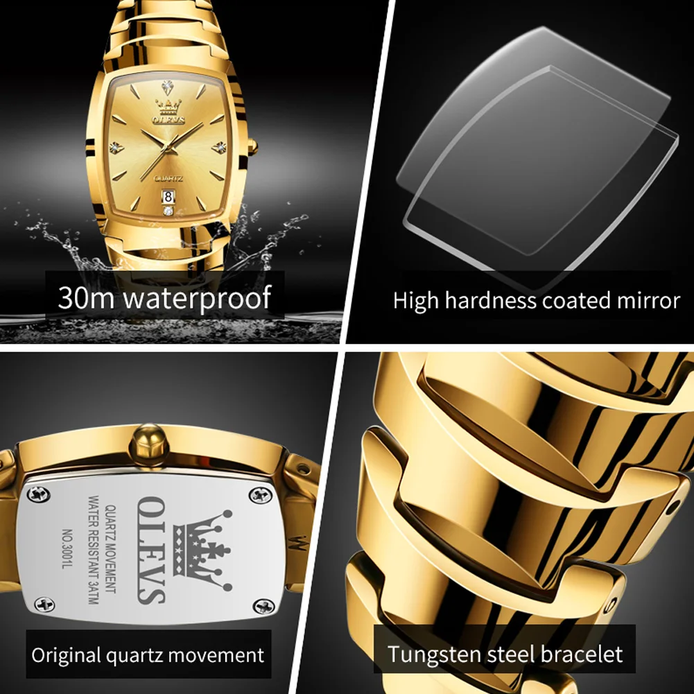 OLEVS Luxury Gold Quartz Watch For Men Fashion Tungsten Steel Strap Waterproof Calendar Tonneau Dial Design Sports Mens Watch