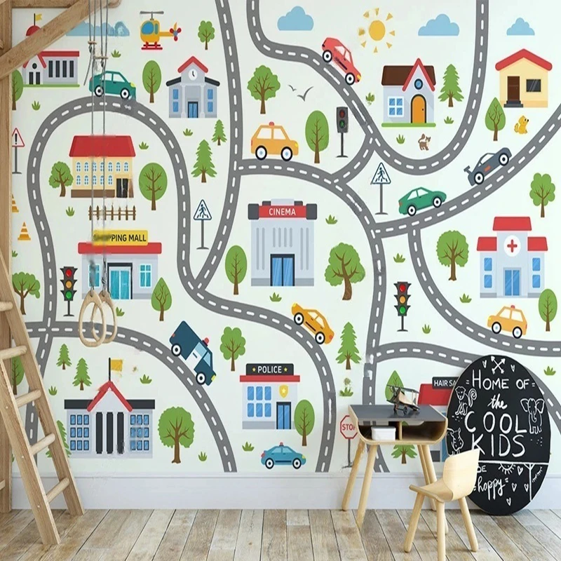 

Custom Cartoon Cityscape Wall Mural for Kids Room - Hand-Painted Car Building Pattern Wallpaper Wall Art for Bedroom Decor