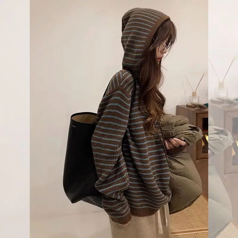 2023 New Tops Wide Casual Korean Hooded Striped Fashion Sweater Outer Wear Women Autumn and Winter